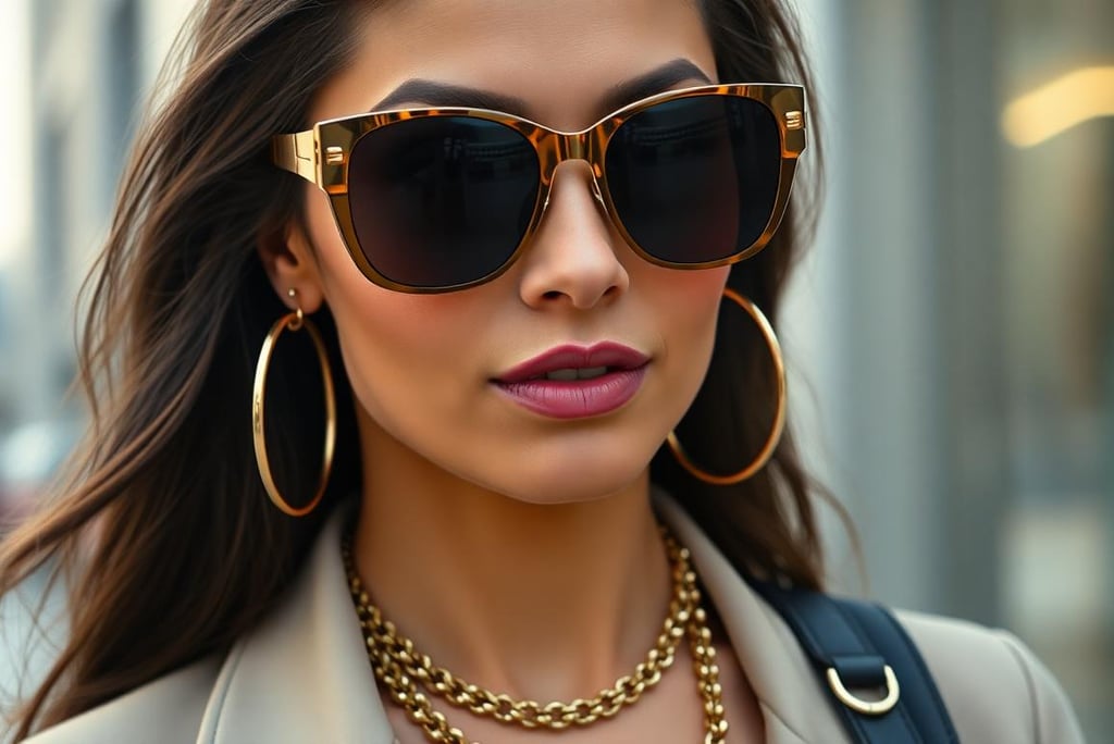 woman wearing Oversized Sunglasses with gold hoop earrings, a layered necklace and a big purse