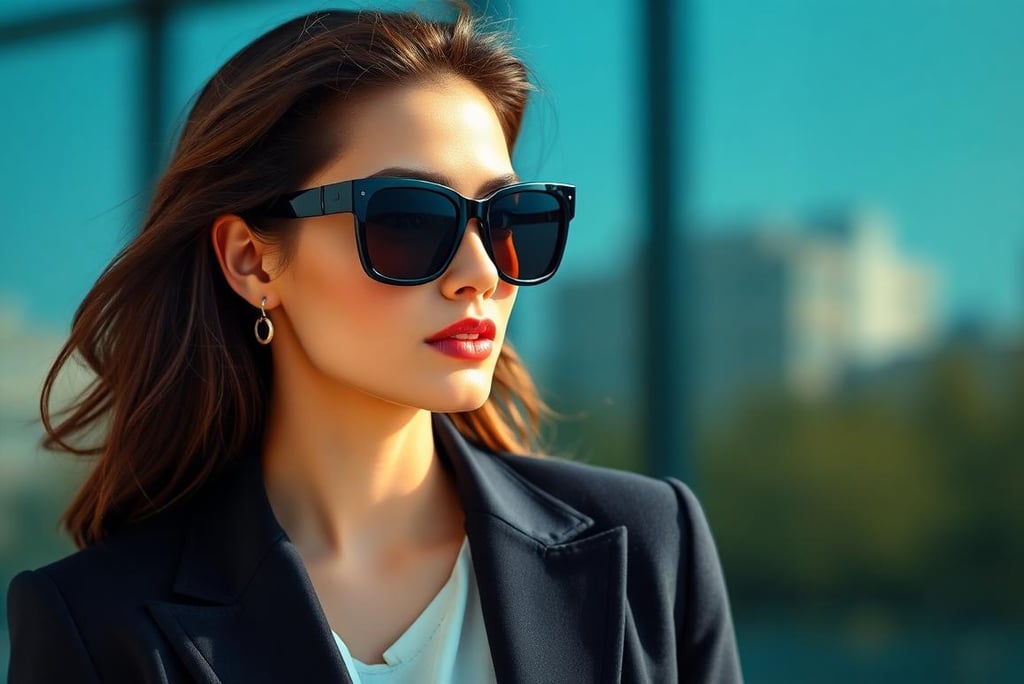 woman wearing Oversized black Sunglasses with a tailored blazer