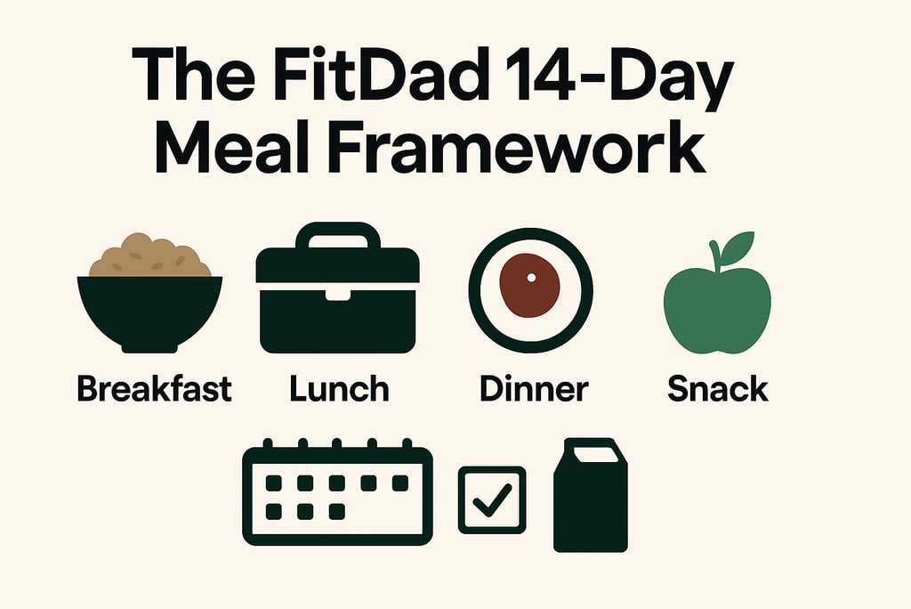 Flat-style infographic showing breakfast, lunch, dinner, and snack icons with a calendar and checkli