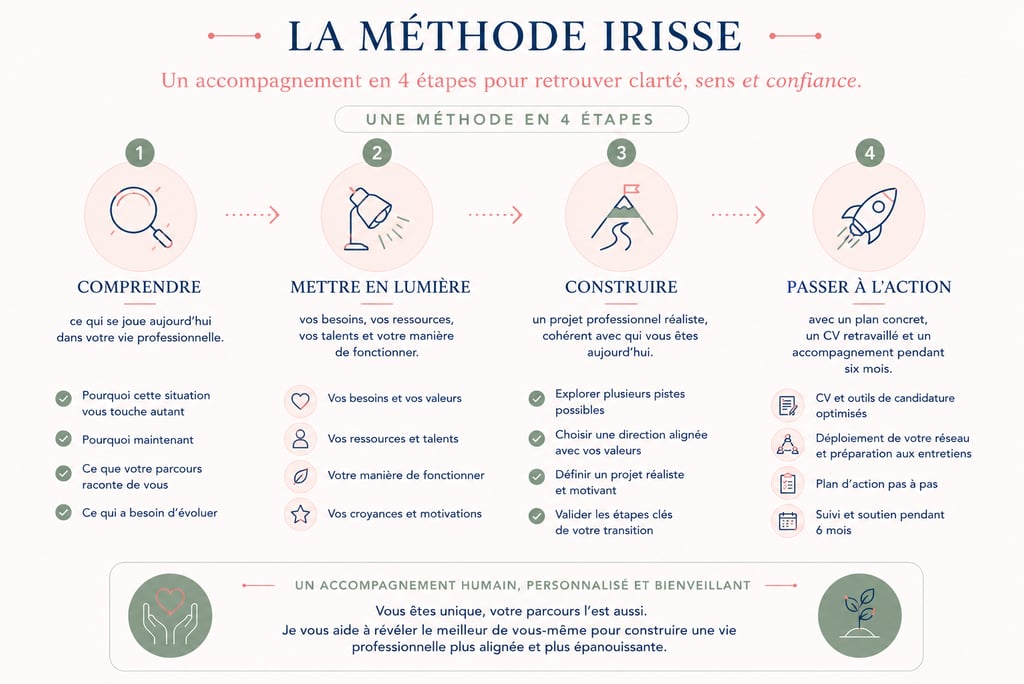 Les quatre étapes de la Méthode IRISSE pour accompagner une transition professionnelle.