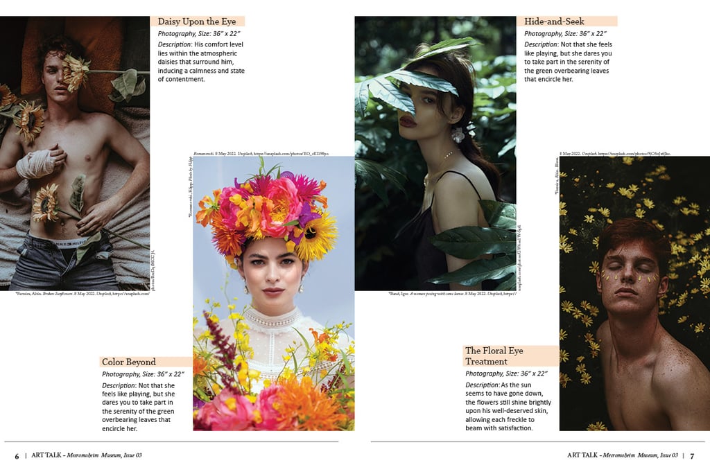 Page 6 and 7 of Art Talk catalog featuring the art collection "Portraitry & Floral Fusion."