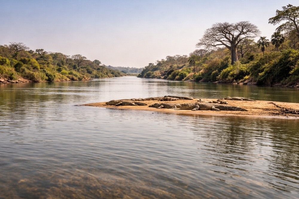 Krokodillen in Niokolo-Koba langs Gambia-rivier