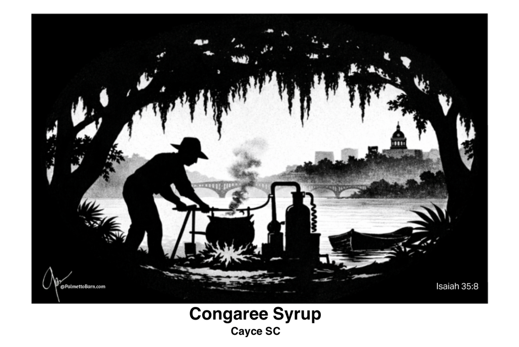 Black & white Palmetto Silhouette of Thomas McManor brewing sweet Congaree Syrup.