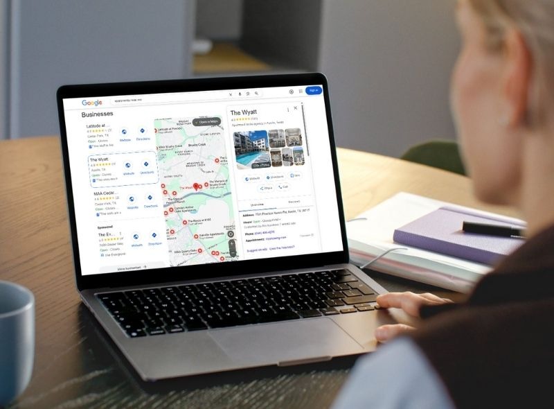 Google Business Profile for an apartment community showing photos, reviews, and location on Google Maps.