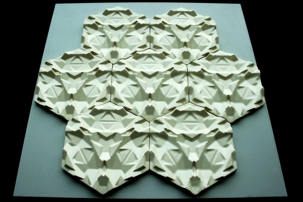 Futuristi design of ceramic tiles inspired by arabic architecture and sci fi imagery.
