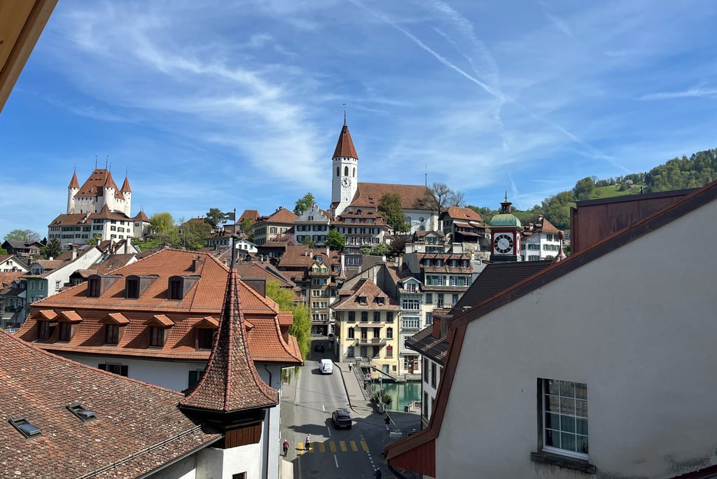 A view of Thun Castle and Church from the old town of Thun Switzerland