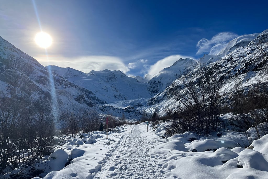 View looking up at the Morteratsch Glacier in Switzerland during the winter