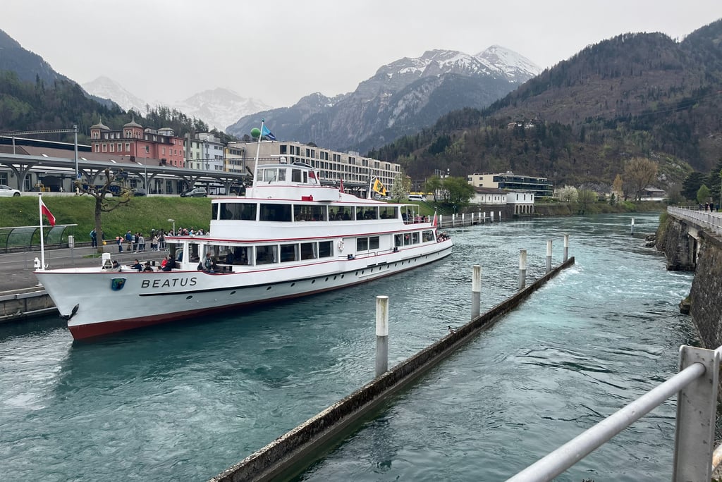 Motor Vessel Beatus loading passengers next to Interlaken West train station