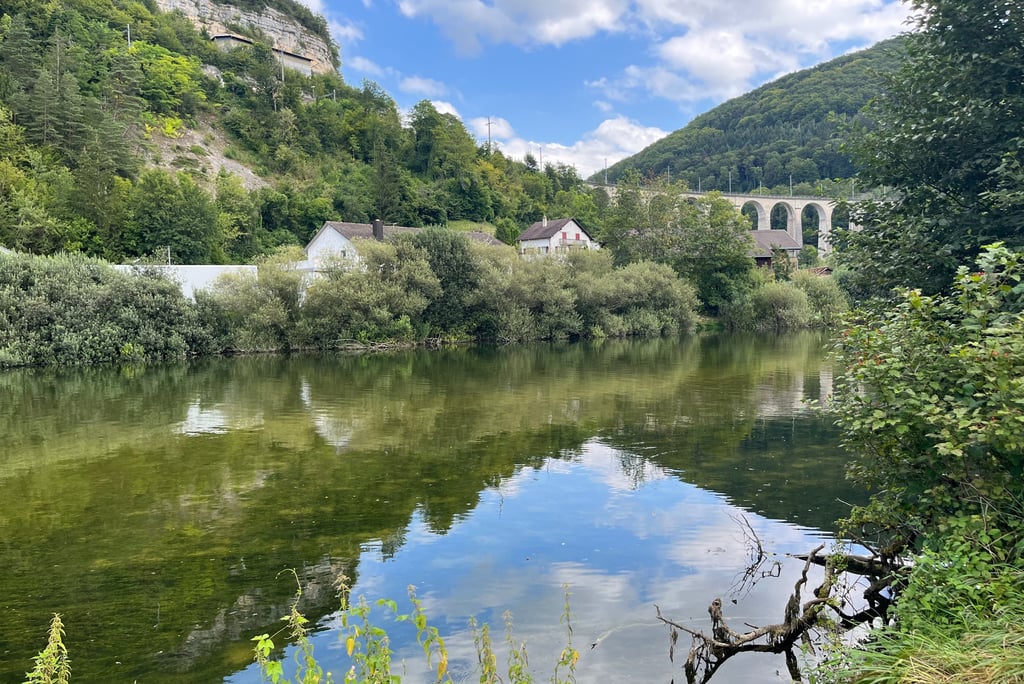 The train station and rock lab above the Doubs