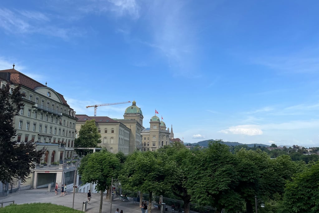 View from the Kleine Schanze looking down on Europaplatz and the Bundeshaus in Bern Switzerland