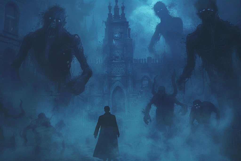 Illustrazione oscura di un uomo in cappotto che cammina tra la nebbia, circondato da mostri.