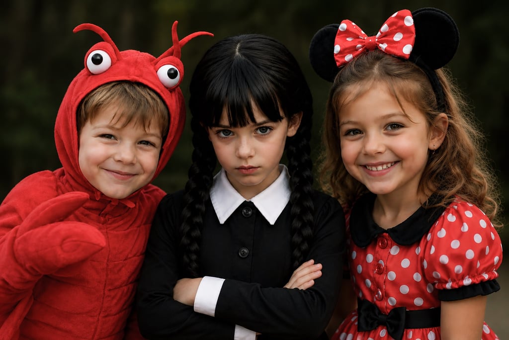Three children dressed as a lobster, Wednesday Addams and Minnie Mouse