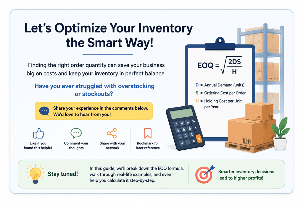 EOQ inventory optimization banner showing economic order quantity formula with calculator