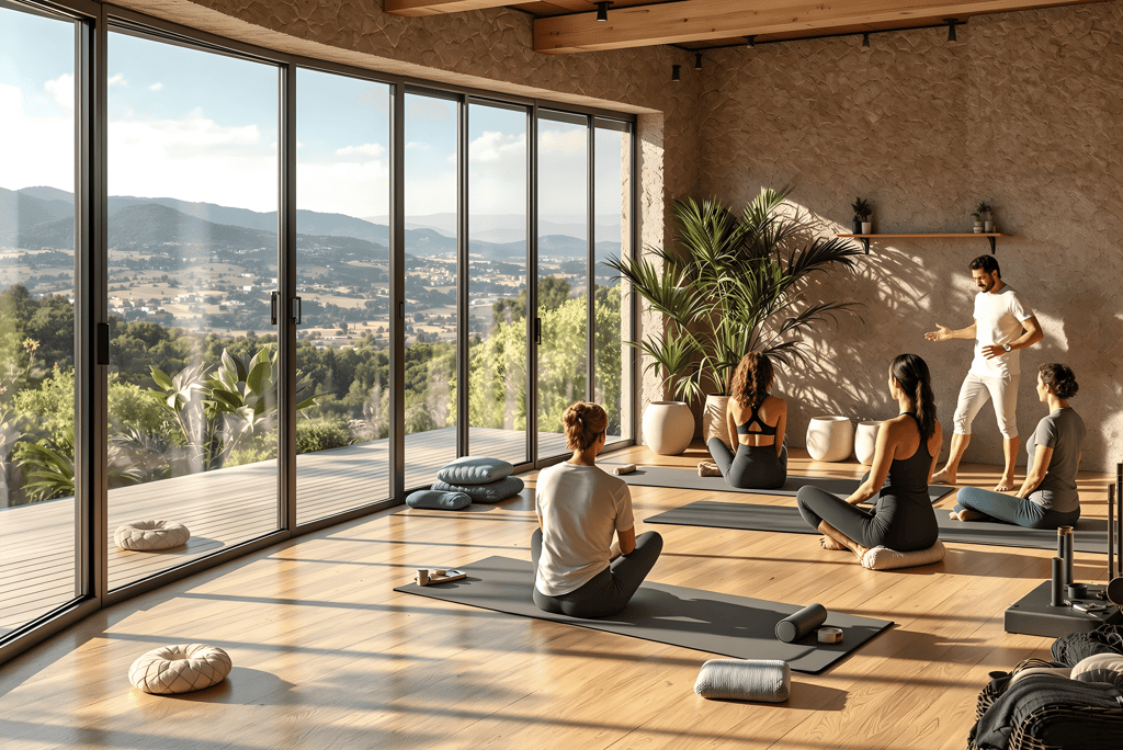 a group of people doing yoga in a room