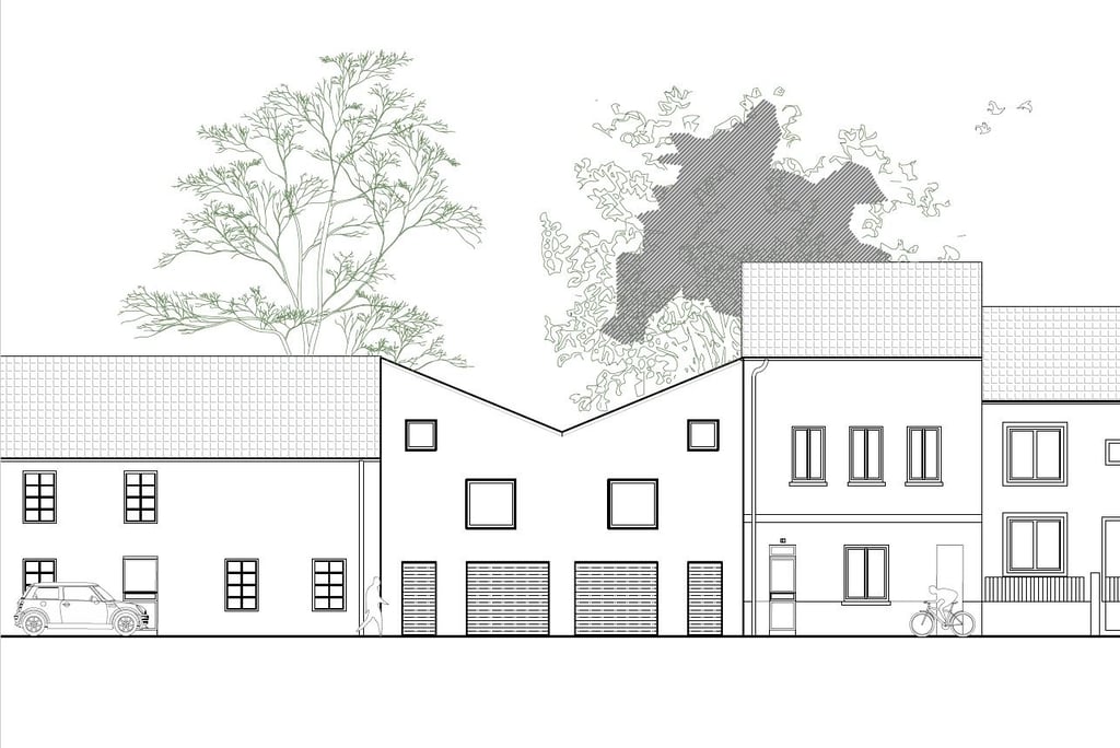 a drawing of a house with a large tree in the background