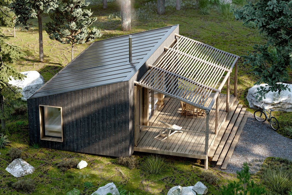 a small cabin with a wooden deck and a wooden deck