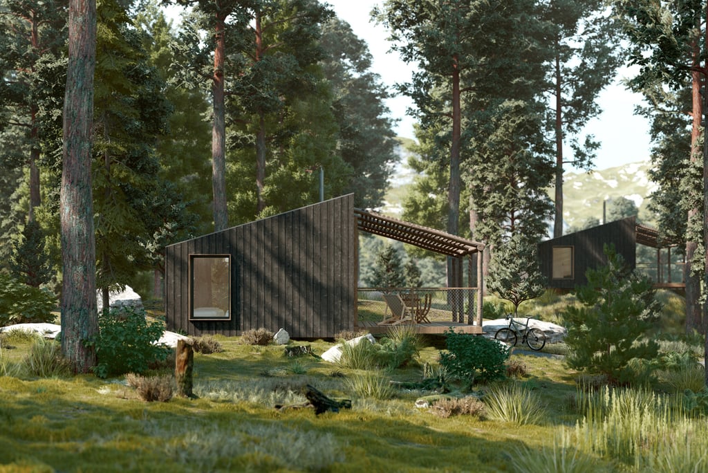 a cabin with a dog and a dog in the woods