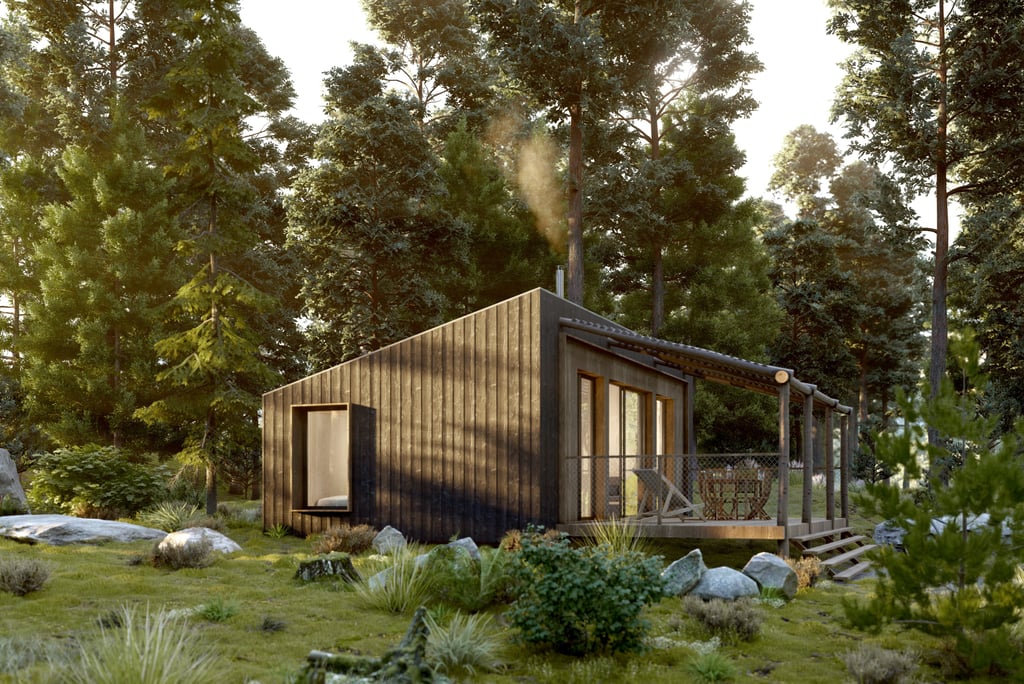 a small cabin with a wooden cabin on the grass