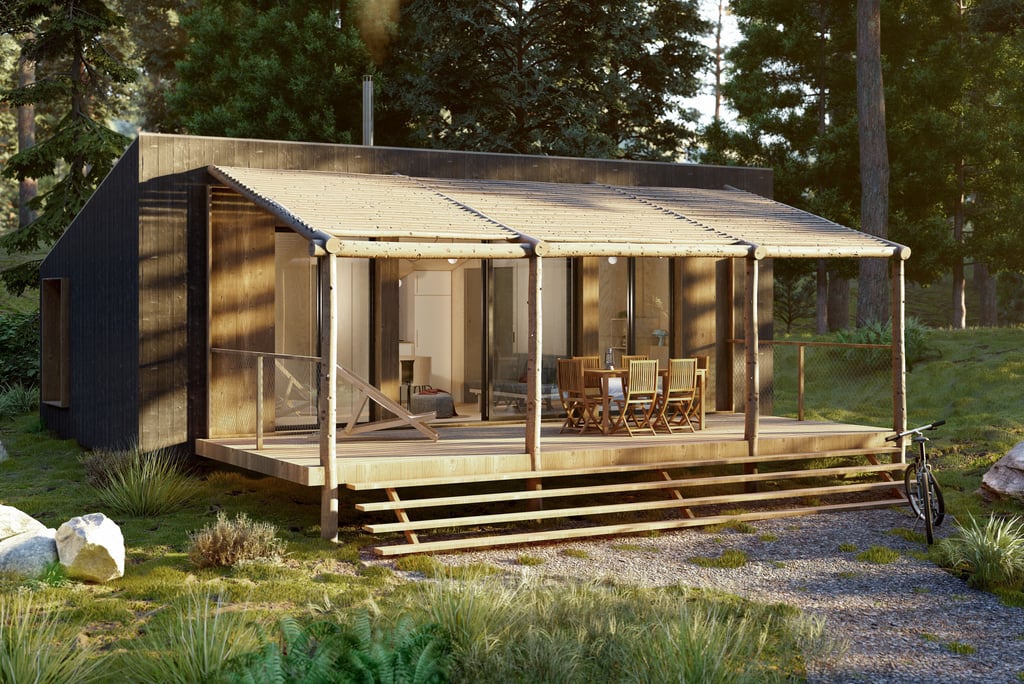 a small cabin with a porch and a patio table