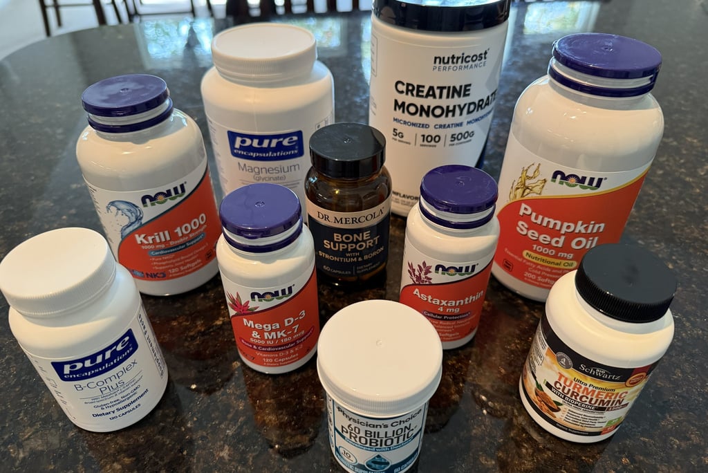 A photo of daily supplements for bone health and menopause support showing vitamins and minerals