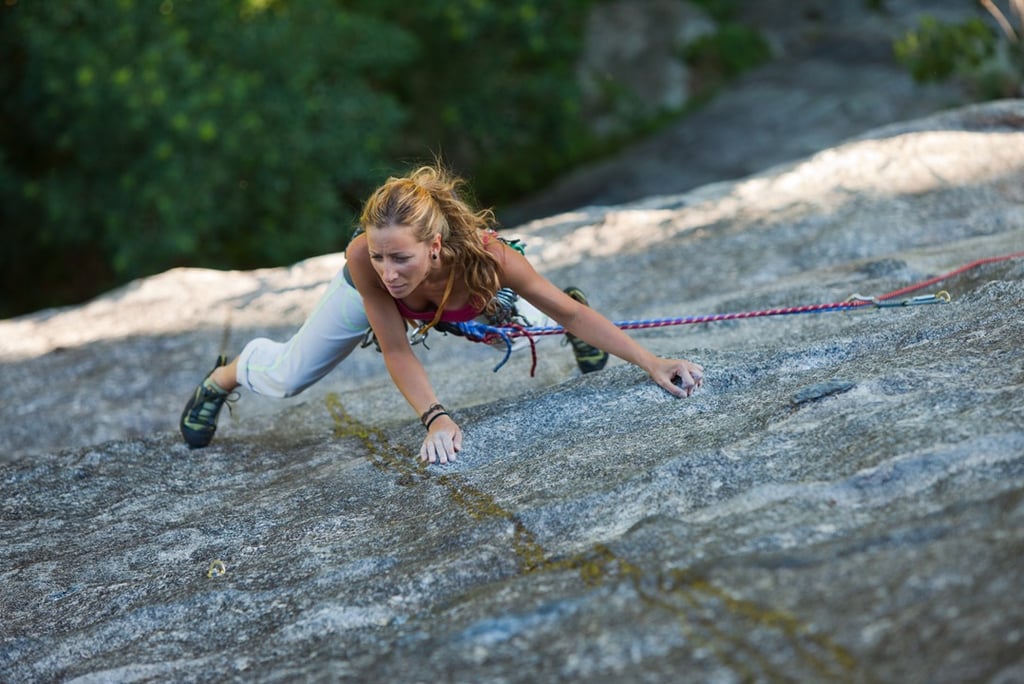 Laura dealing with friction climbing in val di mello