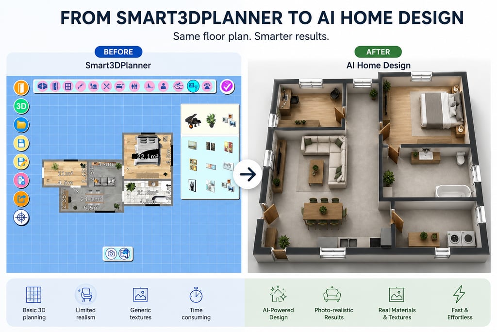 Smart3DPlanner floor plan transformed into a realistic AI home design concept – showing how accurate
