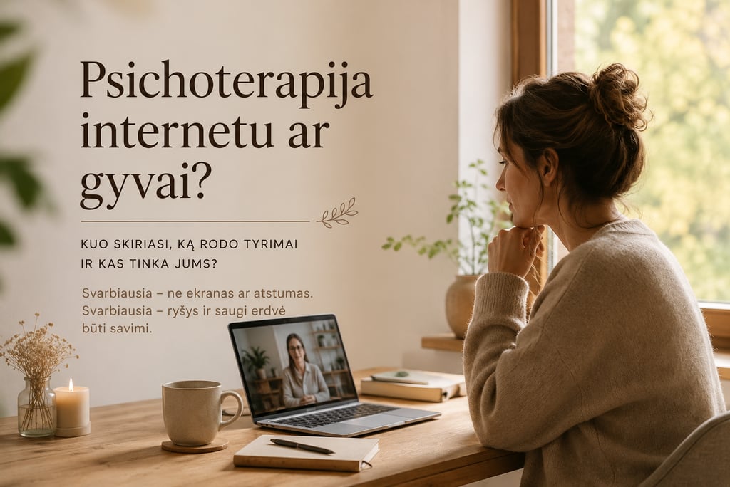 Moteris dalyvauja nuotolinėje psichoterapijos konsultacijoje namų aplinkoje.