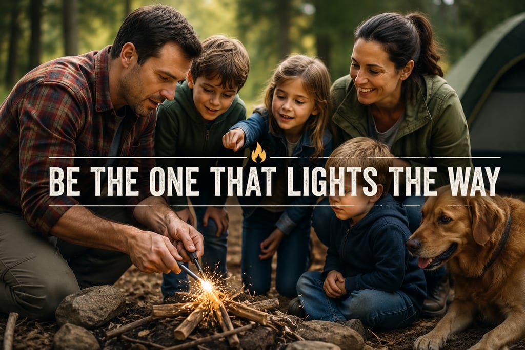 A Caucasian family of five with a dog outdoors starting a campfire