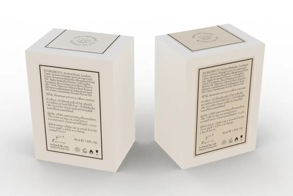 Création de packaging de parfum, projet P'Ranna, vue de dos