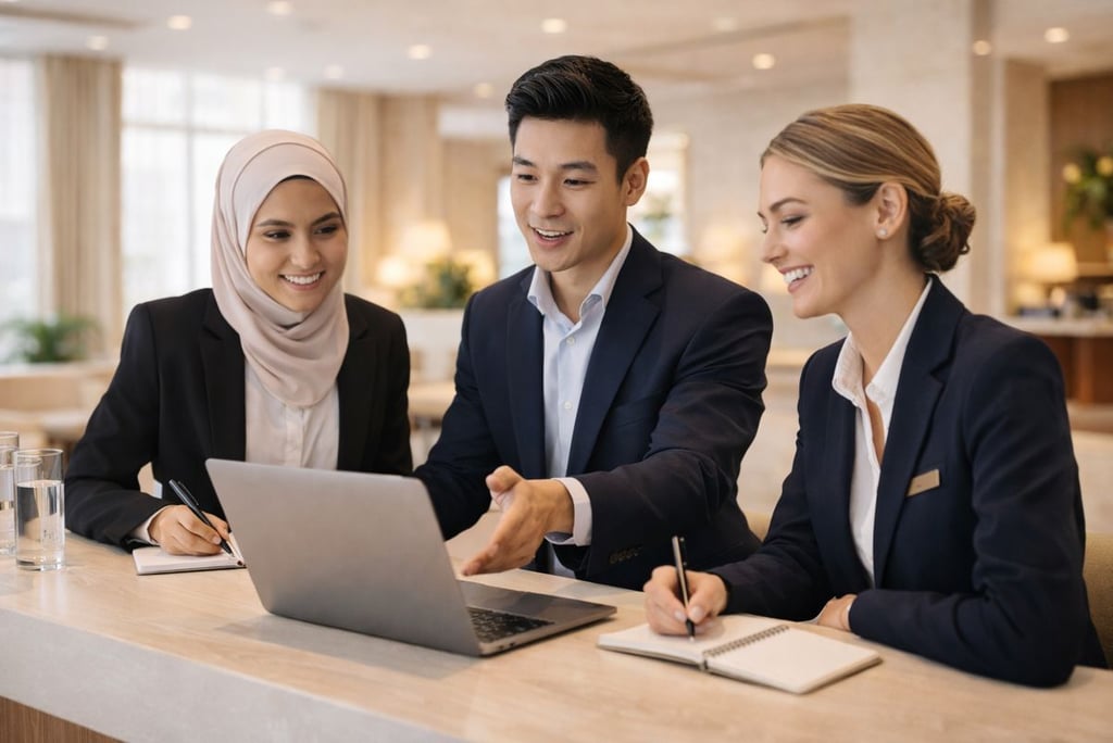 Hospitality professionals collaborating and learning together in a hotel training environment