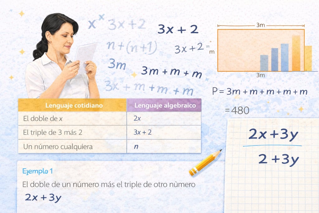 Ilustración educativa que representa el lenguaje algebraico con expresiones, tablas comparativas y figuras geométricas