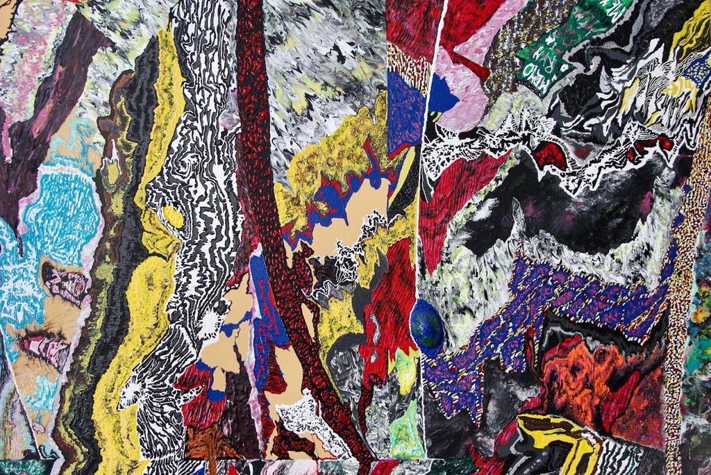Complex abstract painting with vibrant red, yellow, and blue textures featuring expressive brushstrokes.