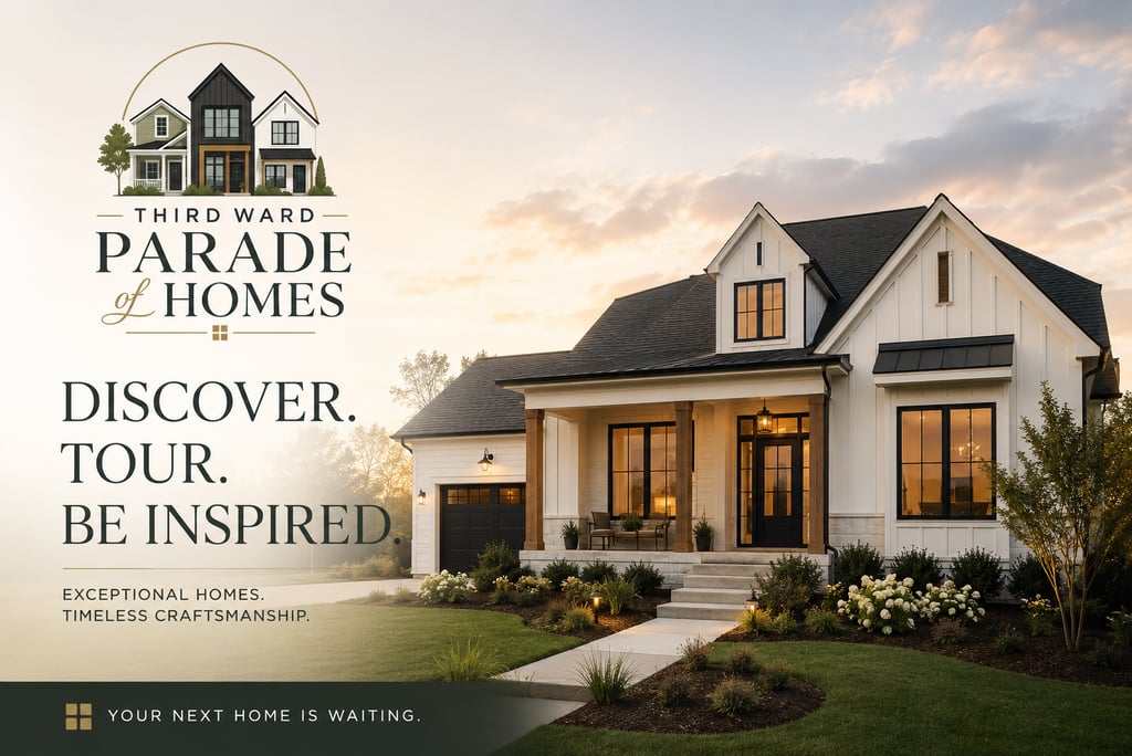Modern white farmhouse with black trim featured in the Third Ward Parade of Homes real estate tour.
