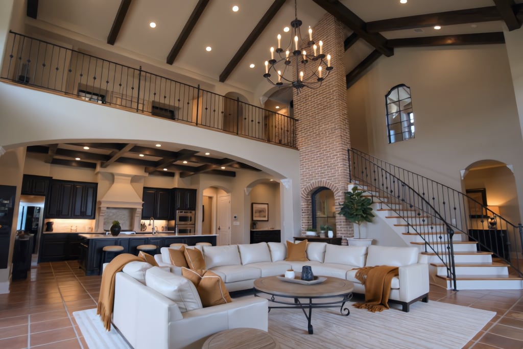 Luxury open concept living room with vaulted wood beam ceilings, brick fireplace, and white sectional sofa.