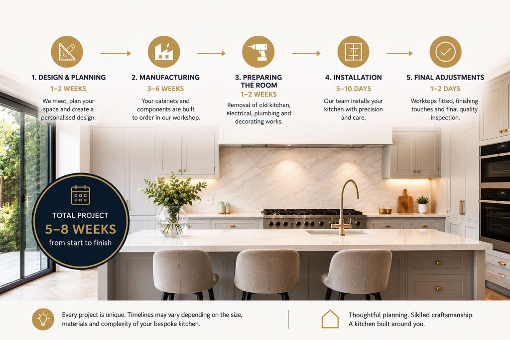 Bespoke kitchen installation timeline in a modern luxury kitchen showing the design, manufacturing a
