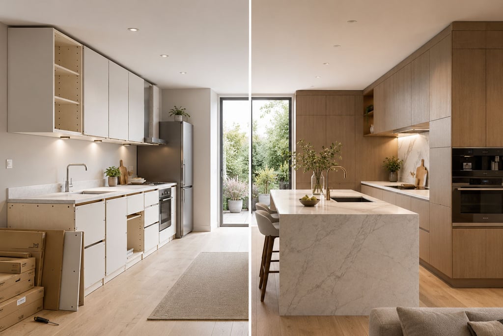 Side-by-side comparison of a bespoke fitted kitchen and a standard flat-pack kitchen in a modern UK 