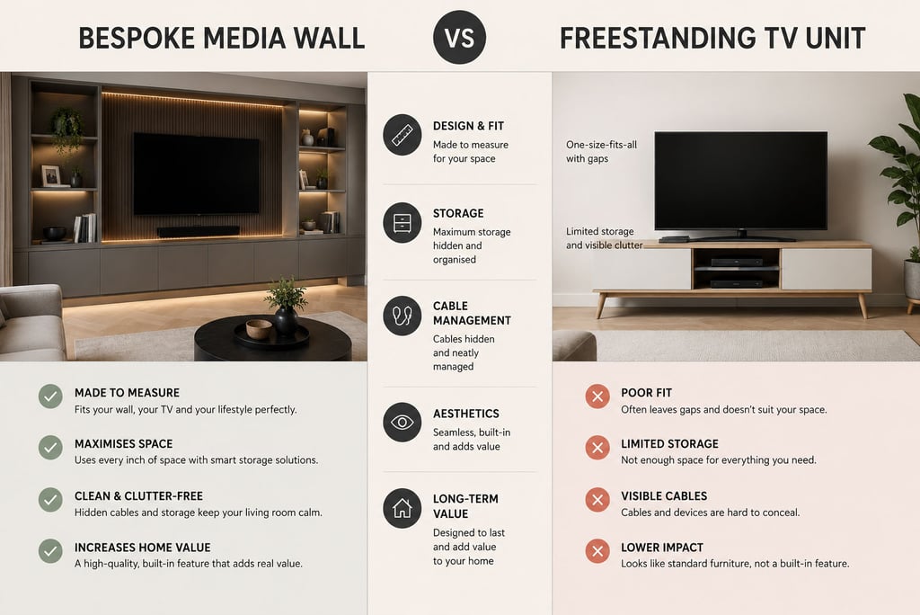 Comparison of a bespoke media wall and a freestanding TV unit, highlighting differences in storage, 