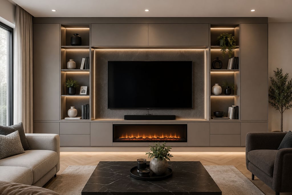 Modern bespoke media wall with integrated storage, floating shelves and LED lighting in a contempora