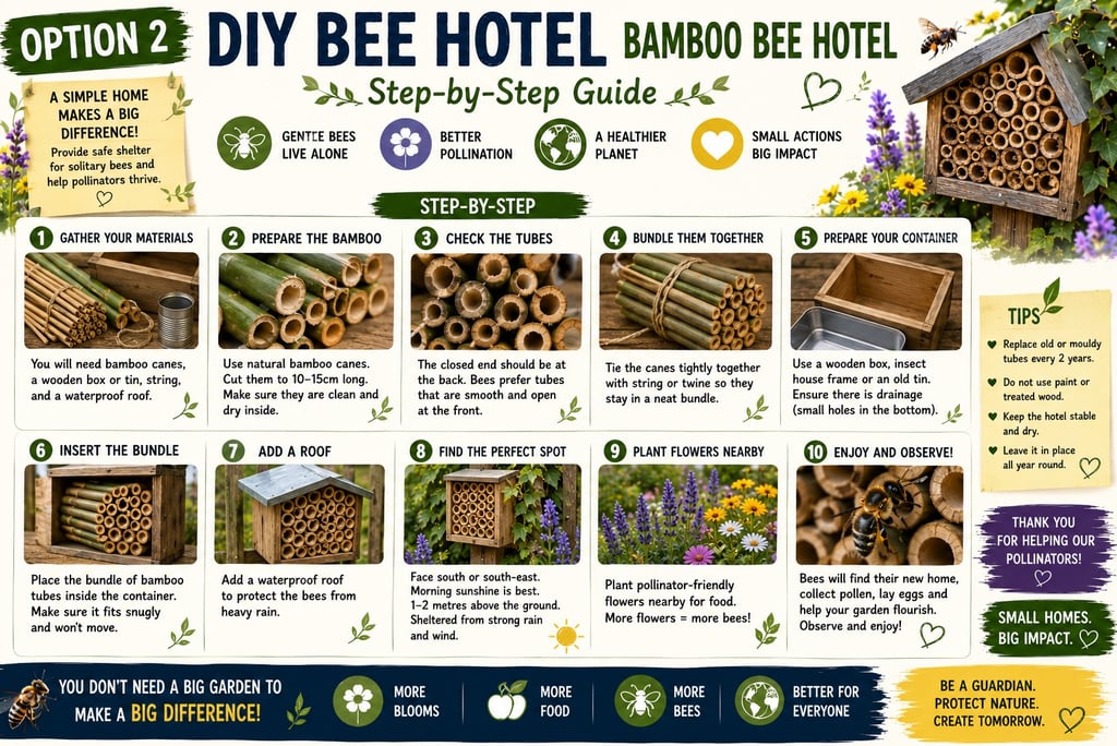 Infographic showing a 10-step guide to building a DIY bamboo bee hotel for solitary pollinators.