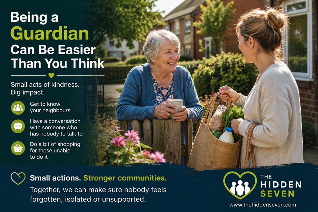 A young woman helping an elderly neighbor with groceries to promote community guardian support.