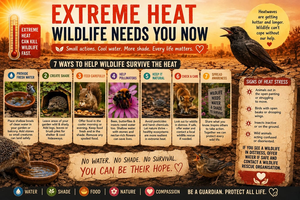 Educational infographic showing seven ways to help wildlife like birds, hedgehogs, and foxes survive extreme heatwaves.