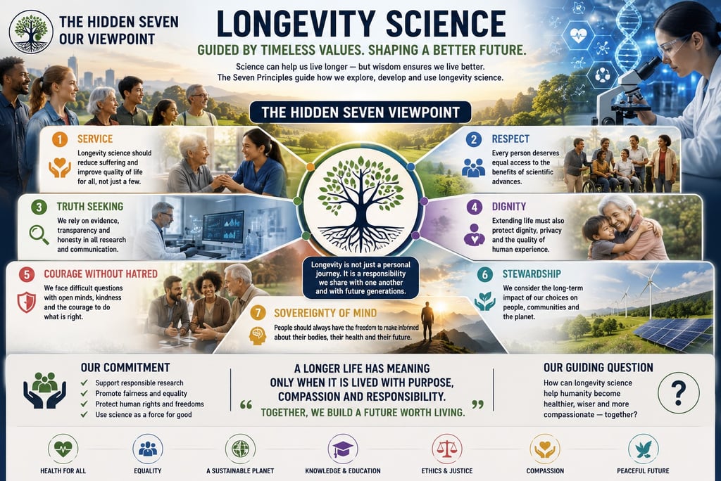 Infographic detailing Longevity Science and the Seven Principles including service, respect, and dignity for a better future.