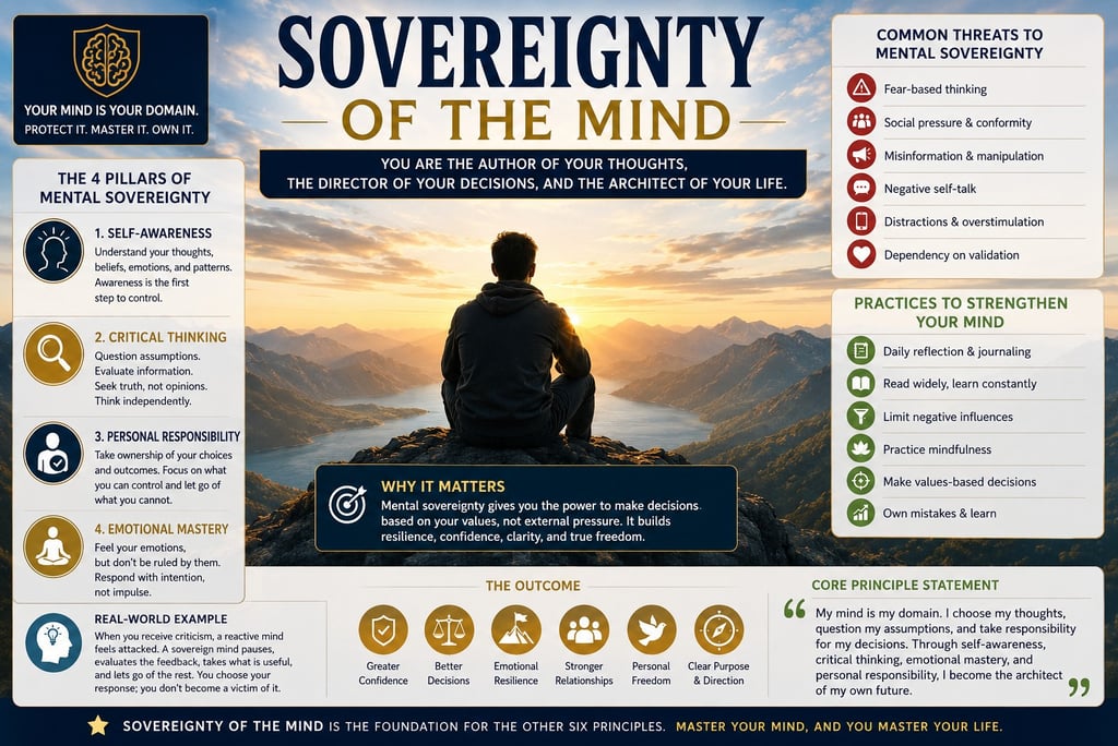 Infographic about sovereignty of the mind showing mental self-mastery pillars and mindfulness practices.