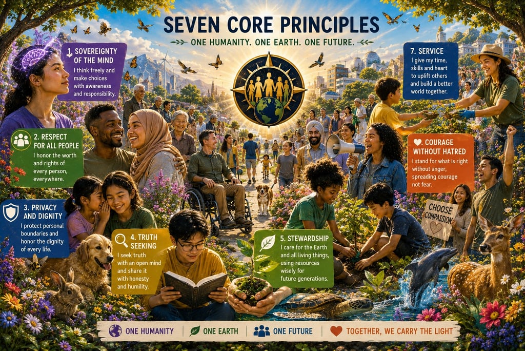 Infographic of Seven Core Principles for humanity featuring diverse people in a sustainable, utopian garden community.