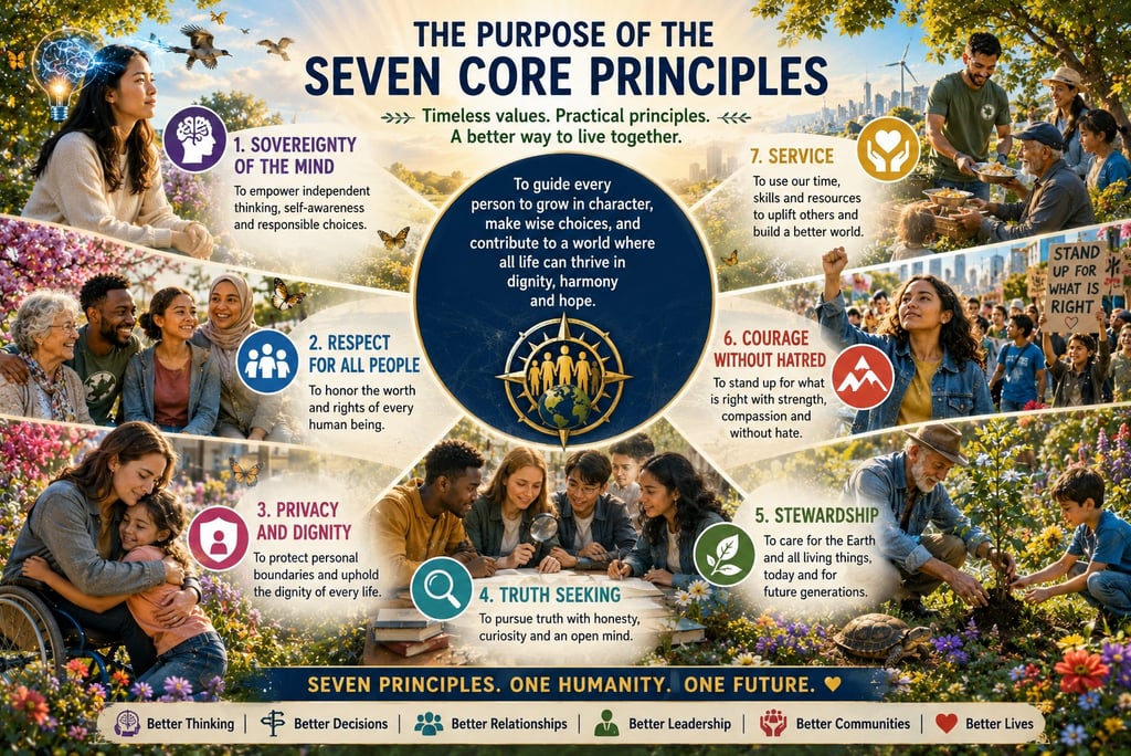 Infographic showing the Seven Core Principles for humanity with illustrations of people practicing community service and