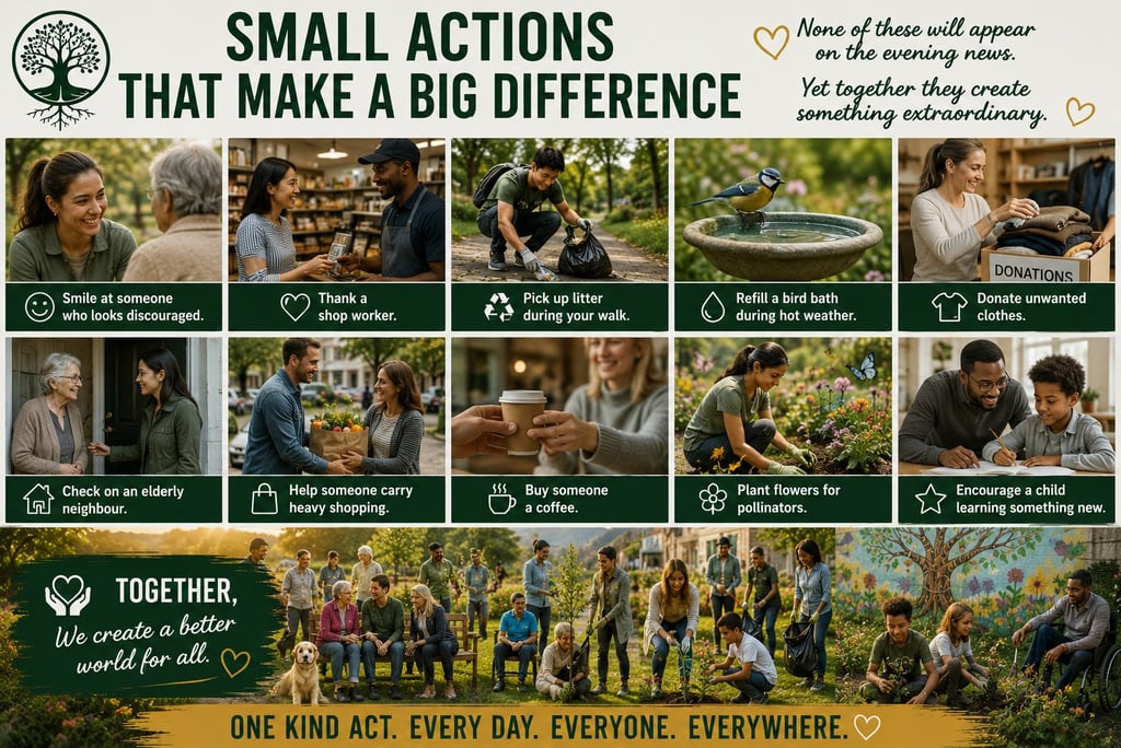 Infographic showing ten small acts of kindness like planting flowers and helping neighbors to create a better world.