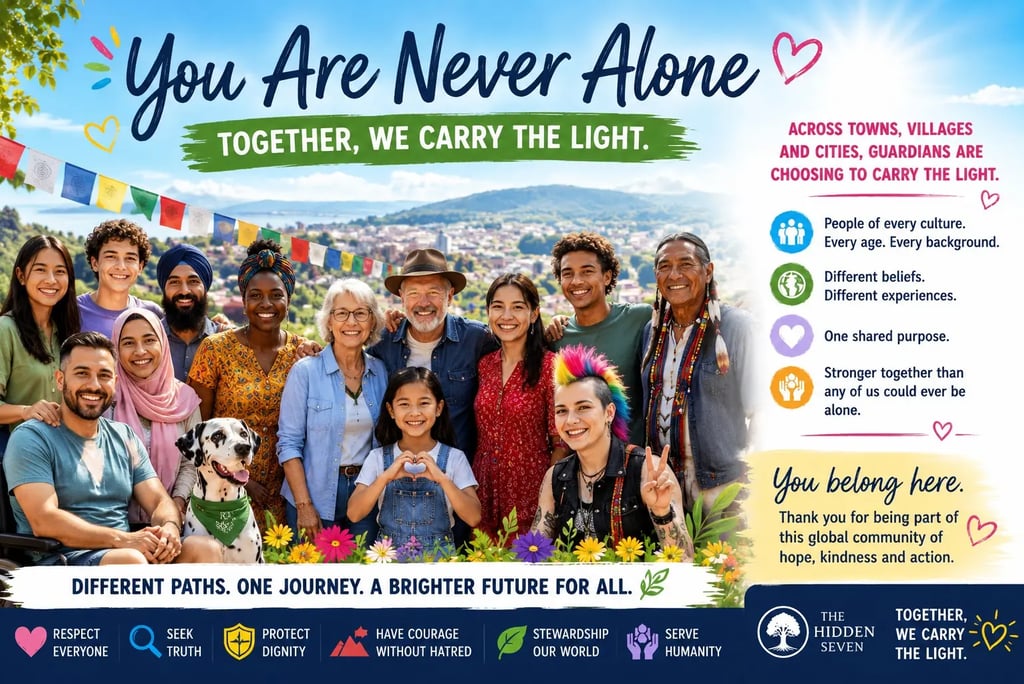 A diverse community group smiling together with the text You Are Never Alone, promoting global unity and kindness.
