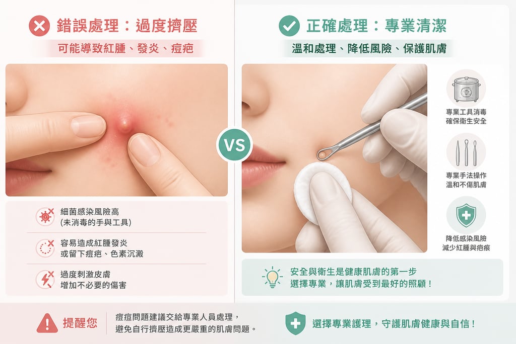 錯誤與正確處理對比圖 左邊:過度擠壓(紅腫、發炎) 右邊:專業清潔(溫和處理、消毒工具)