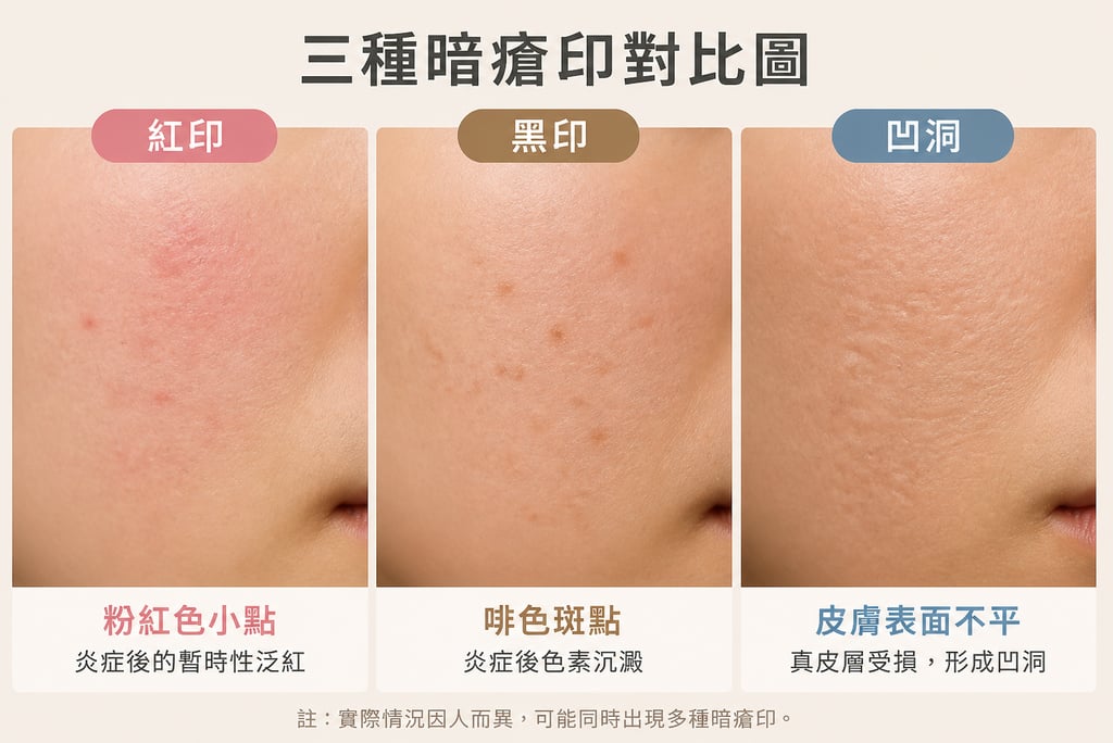 三種暗瘡印對比圖 左:紅印(粉紅色小點) 中:黑印(啡色斑點) 右:凹洞(皮膚表面不平)