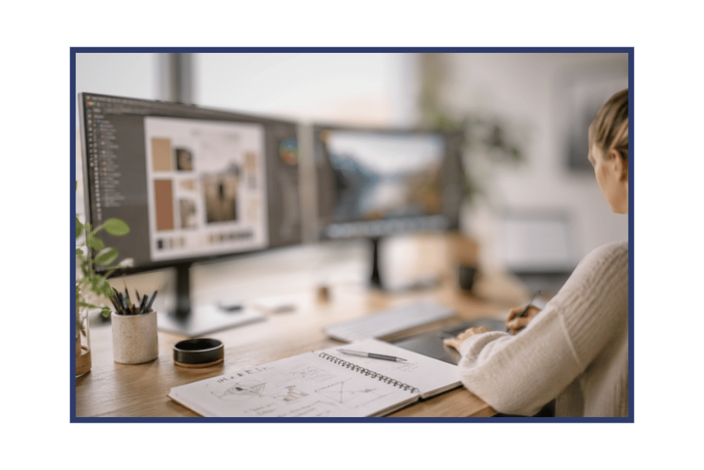 A graphic designer works on dual monitors using a digital drawing tablet and notebook at a wooden desk.